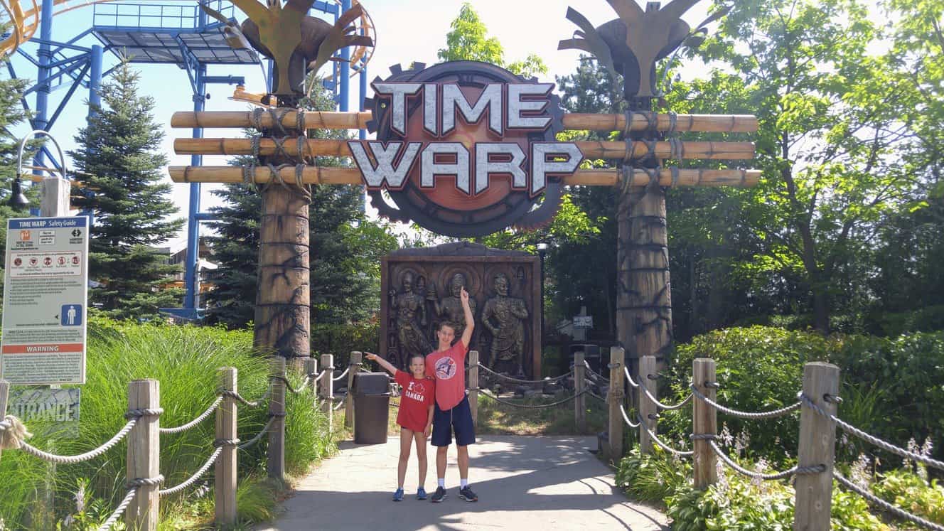Visitors standing in front of the ride, Time Warp, at Canada's Wonderland.