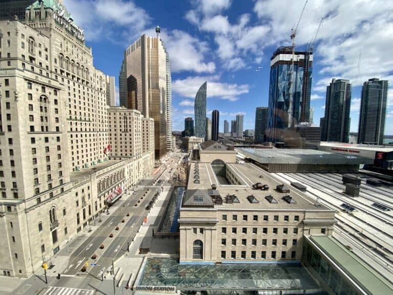 Image of Fairmont Royal York Hotel and Union Station in Toronto, Ontario, Canada.