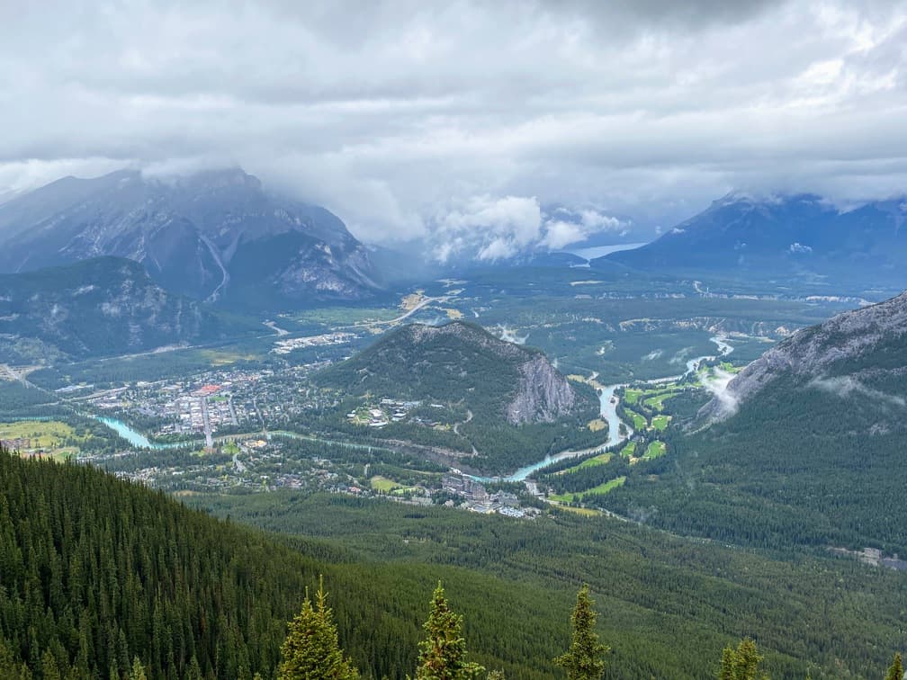 View of Banff, Alberta from the top of Sulphur Mountain