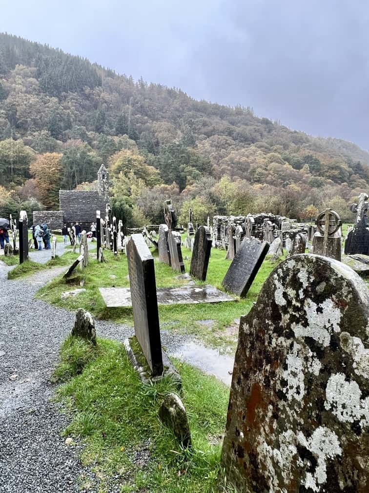 View of the cemetery in the Monastic City in Glendalough, Ireland.
