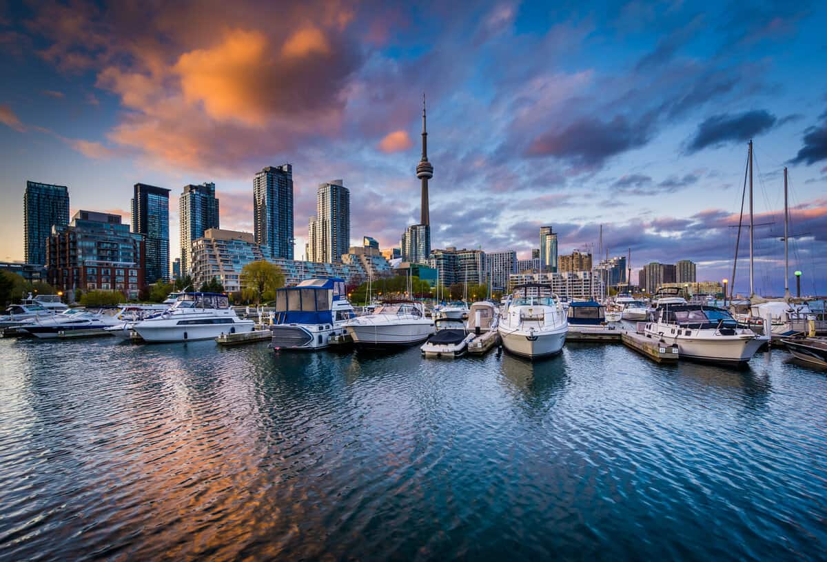 Marina and the downtown skyline at sunset, at Harbourfront in Toronto, Ontario.