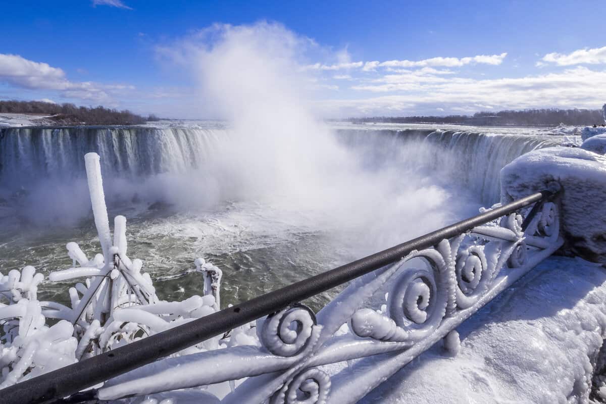 Niagara Falls in winter with ice on the surrounding trees and barriers. 