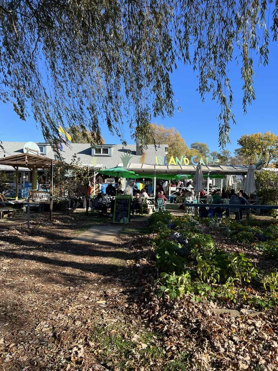 Front view of the Island Cafe with an outdoor patio located on Ward's Island.