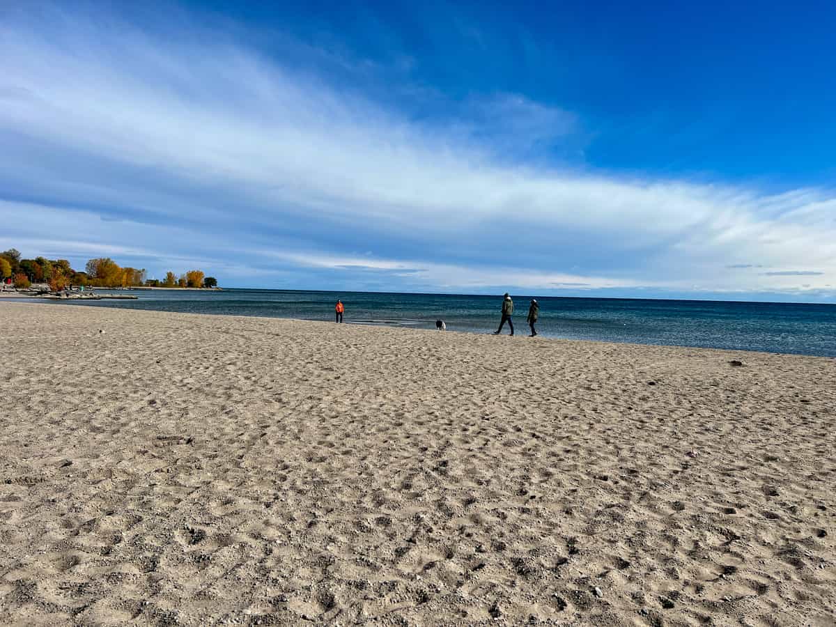View of Lake Ontario on a bright, sunny fall day at Woodbine Beach, Toronto.