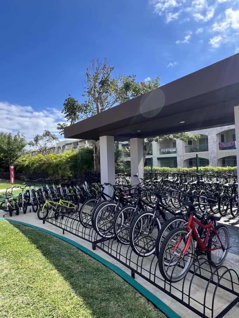 Moon Palace Cancun activities include having the ability to borrow bicycles from the resort. Pictured here are dozens of bicycle in different sizes locked up and ready to use.