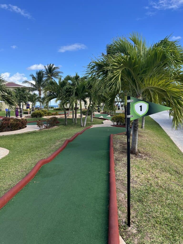 There are lots of Moon Palace Cancun activities including mini-golf. This is the first hole at the mini-golf course lined by palm trees.