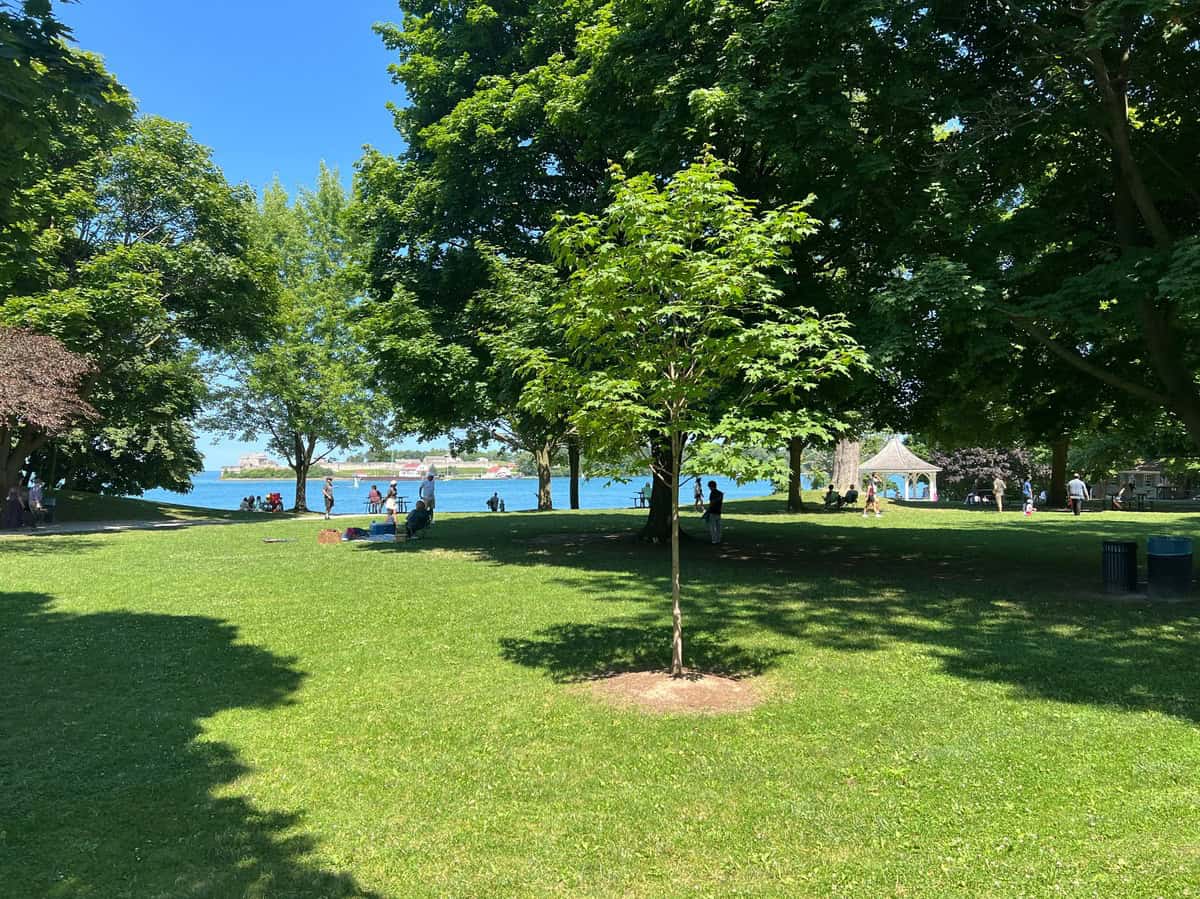 A serene view of Queen's Royal Park with lush green trees providing shade and people relaxing on the grass, with the lake and a small gazebo visible in the distance. A peaceful spot for a day trip or picnic by the water.