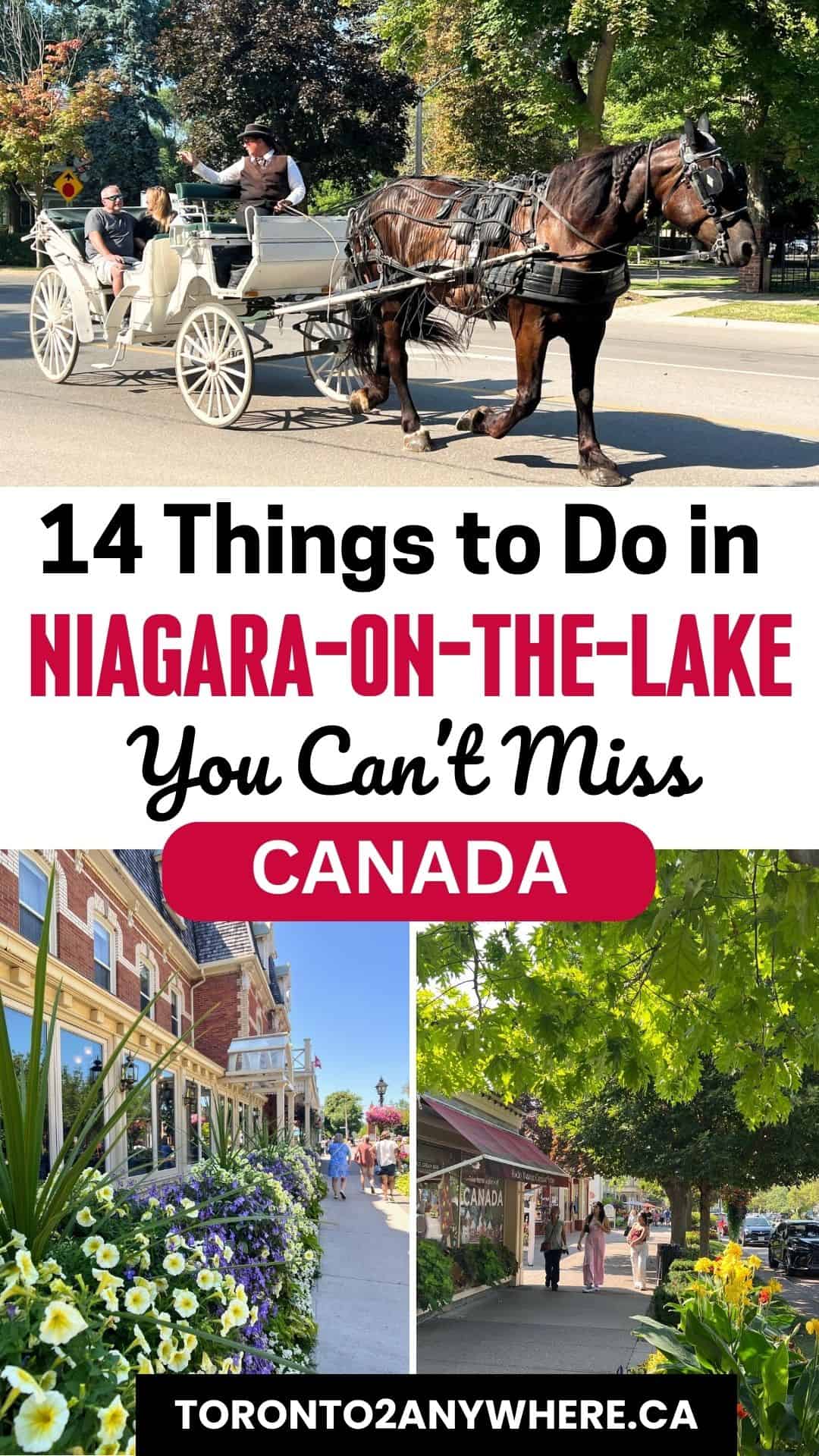 A picturesque horse-drawn carriage ride and charming streets lined with colorful flowers in Niagara-on-the-Lake, Canada. This guide highlights the top 14 things to do, from wine tasting to historic sights, making it a must-visit spot for any Niagara or Ontario travel itinerary.
