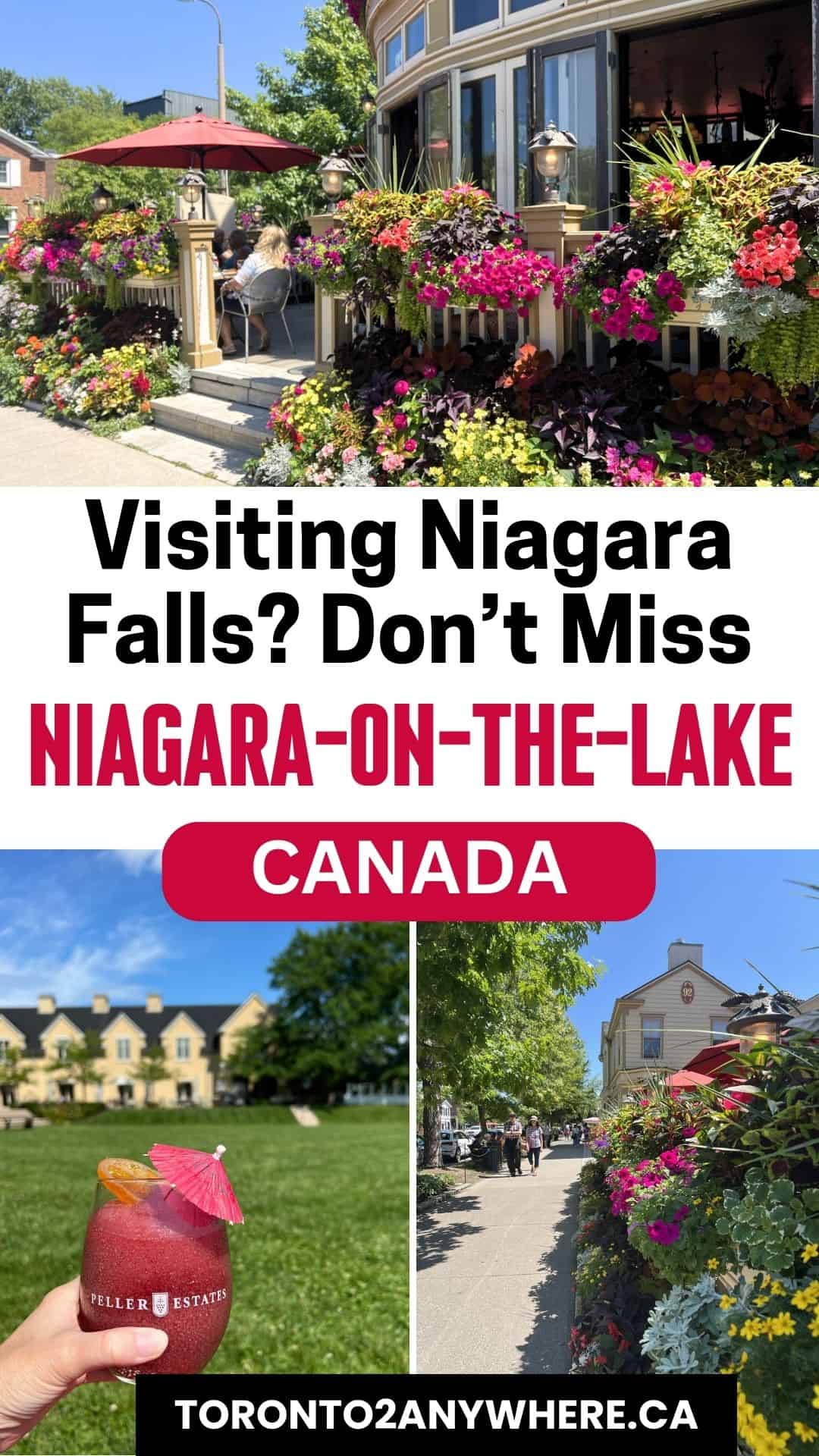 A cozy patio adorned with vibrant flowers and a refreshing frozen drink at Peller Estates in Niagara-on-the-Lake, Ontario. This Pinterest image showcases scenic walks, winery visits, and quaint shops, perfect for travellers seeking fun things to do near Niagara Falls, Canada.