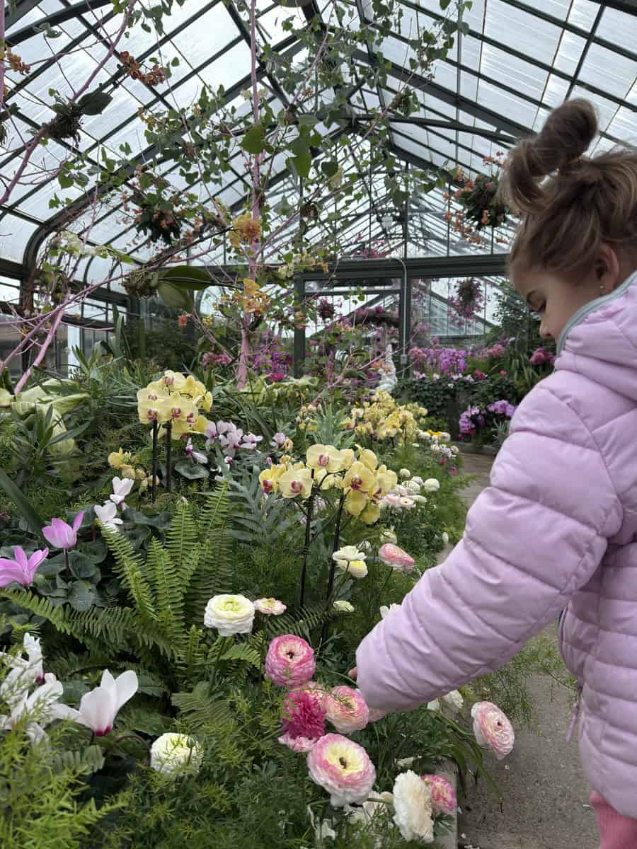 A girl in a pink puffer coat admires a vibrant display of orchids, ferns, and ranunculus inside a bright glass conservatory. A colorful stop when you visit Niagara Falls with kids.