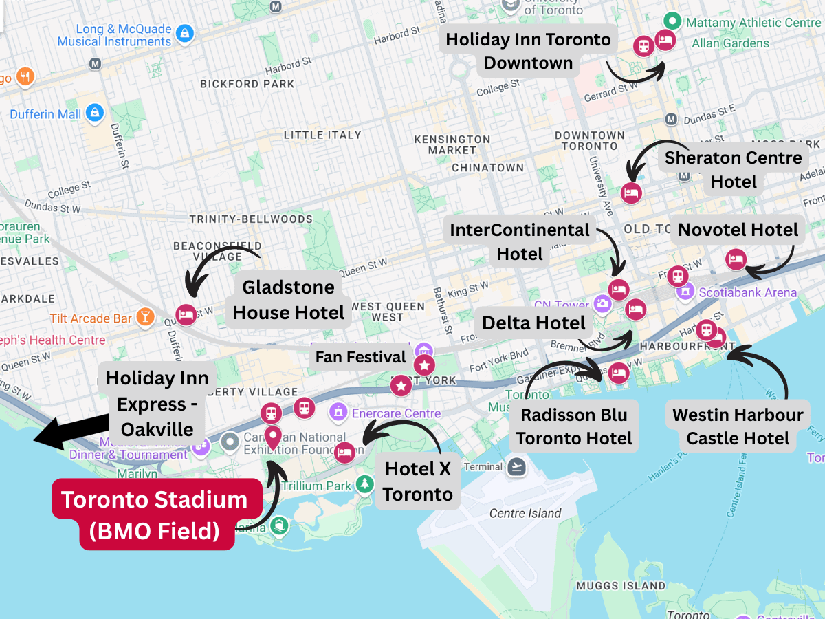 Map showing downtown Toronto and surrounding neighbourhoods with labeled markers for major hotels near BMO Field stadium, including Delta Hotel, Hotel X Toronto, Radisson Blu, InterContinental Hotel, and Gladstone House. The map highlights the location of Toronto Stadium (BMO Field) in bold red, with arrows pointing to various accommodations for easy reference.