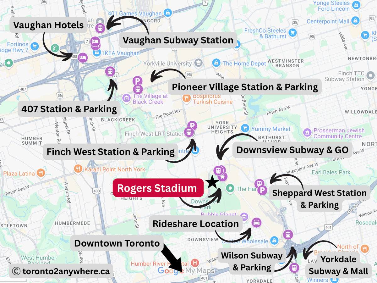 Custom map of Toronto near the new Rogers Stadium highlighting key locations including TTC subway stations, Park & Ride commuter lots, Hotel zones near transit lines and the Exact location of Rogers Stadium.