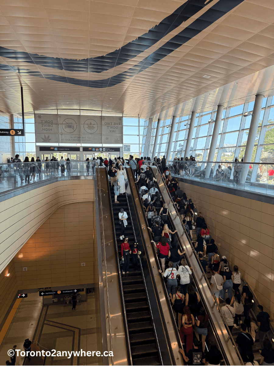 A crowded scene inside Downsview Park TTC station in Toronto, with people riding up two long escalators under a high, modern ceiling with wavy design accents. Sunlight streams in through large glass windows, creating a bright, open atmosphere.