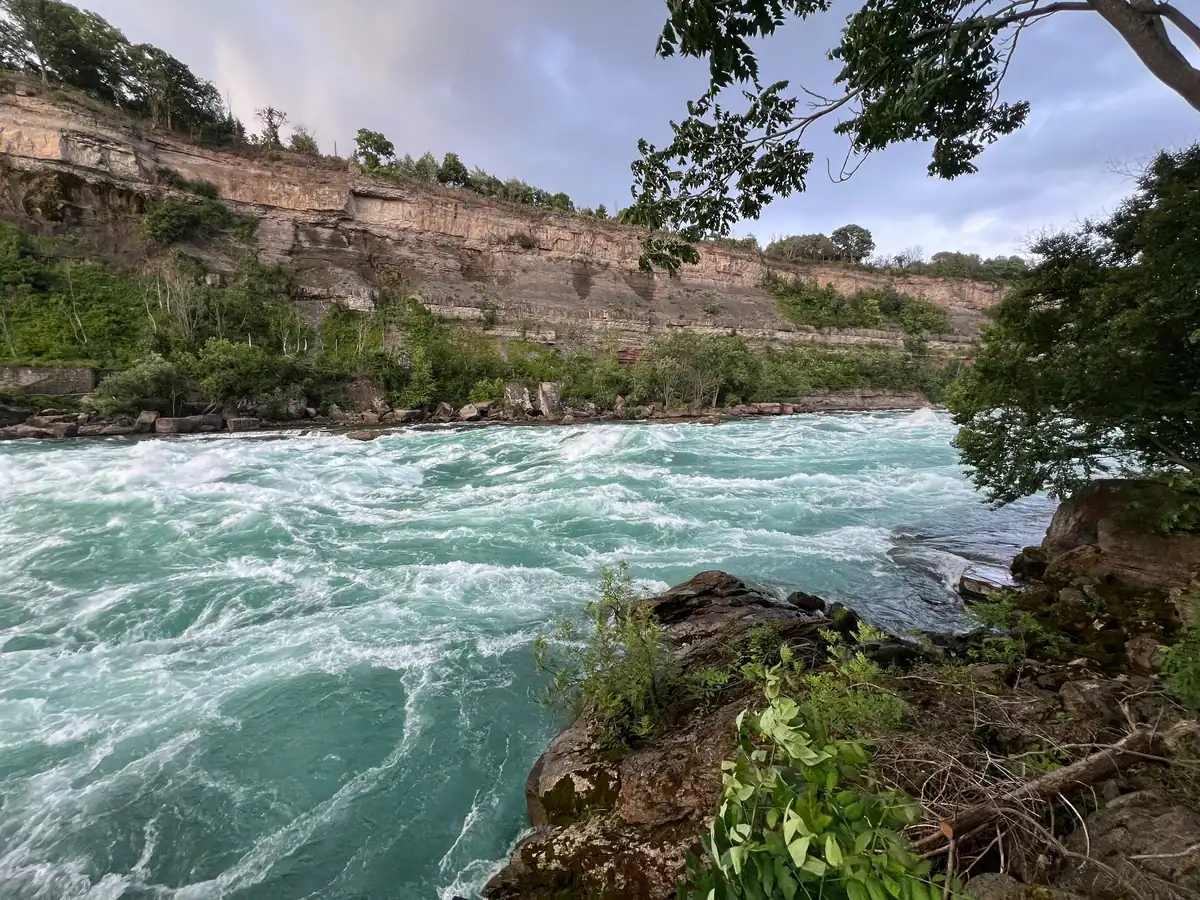 The churning turquoise rapids of the Niagara River rush past jagged rocks and dense greenery, framed by steep cliffs and overhanging tree branches.