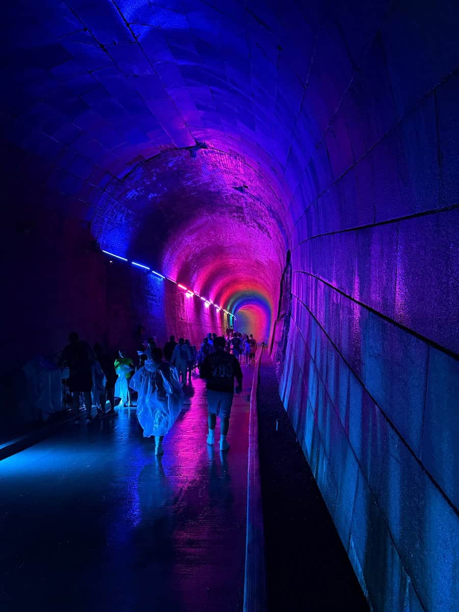 Visitors walk through the Niagara Parks Power Station tunnel illuminated in blue, pink, and purple lights during the nighttime experience.