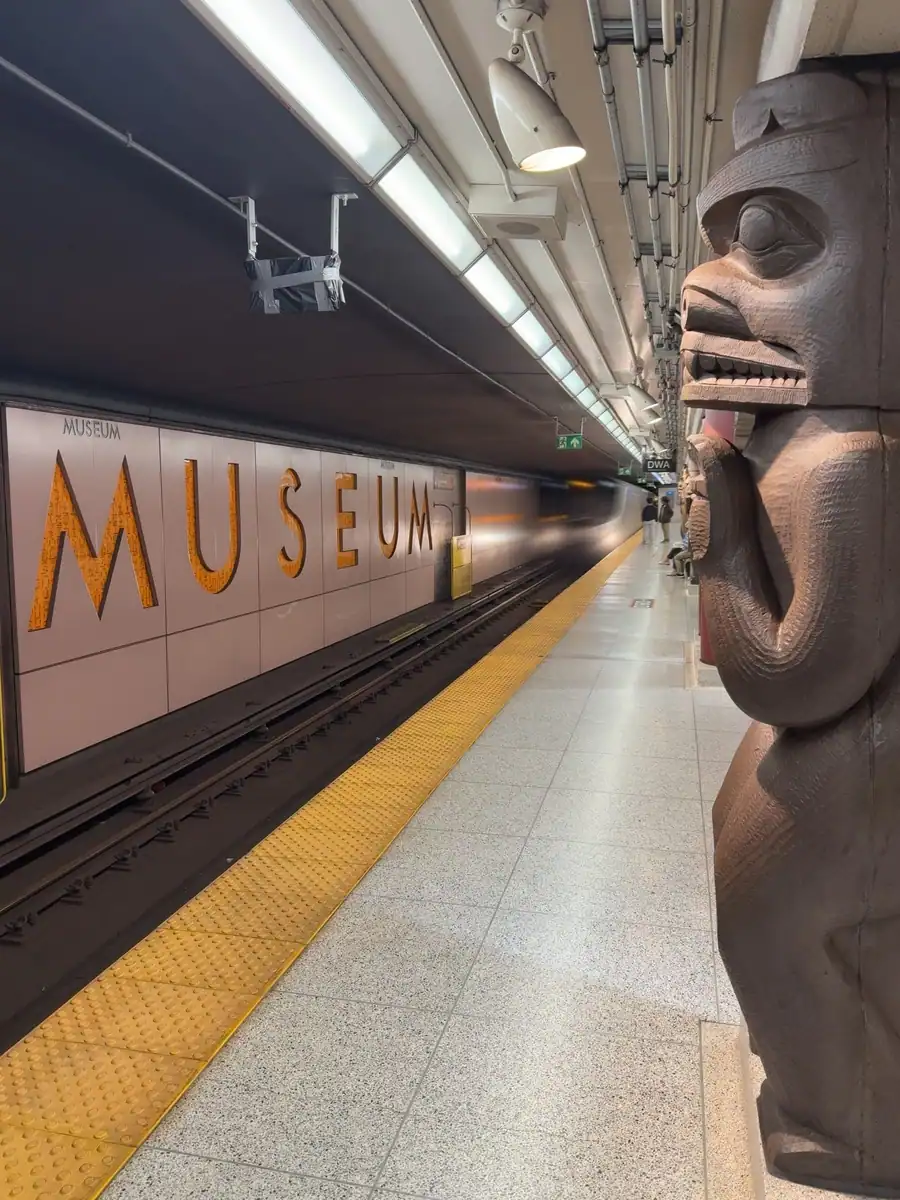 The platform at Museum Station on the TTC subway line in Toronto, an example of getting around in Toronto by subway.
