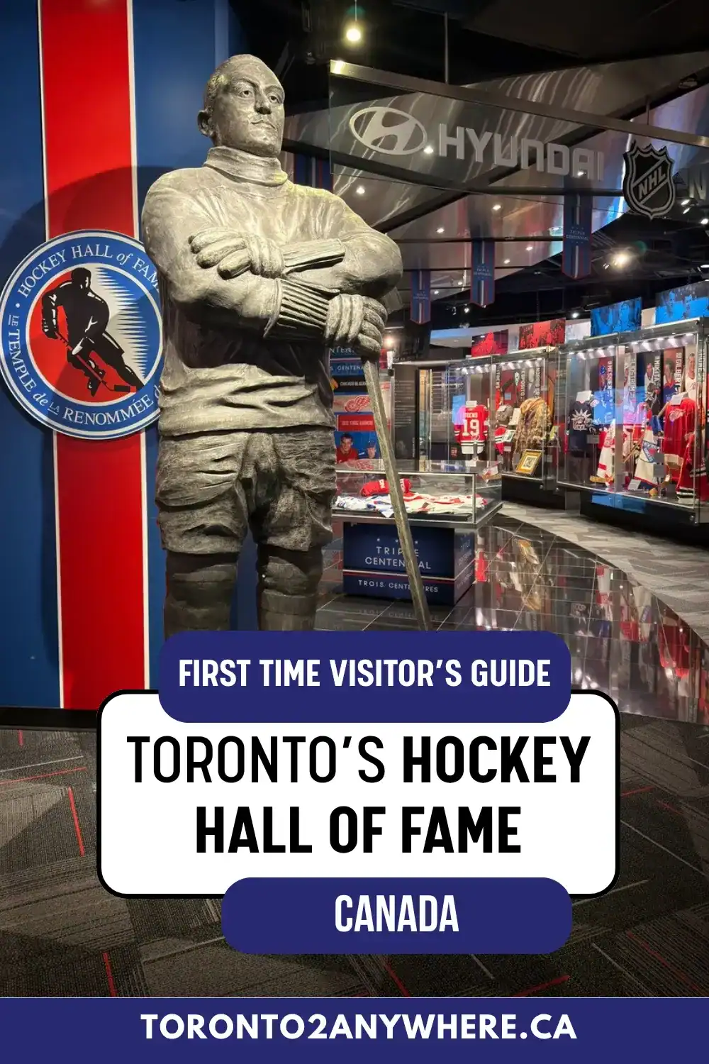 Entrance to Toronto's Hockey Hall of Fame with a full-size statue of a hockey player and the Hockey Hall of Fame logo on the wall. Display cases with hockey memorabilia leads into the museum. Text overlay reads: First time visitor's guide Toronto's Hockey Hall of Fame Canada.