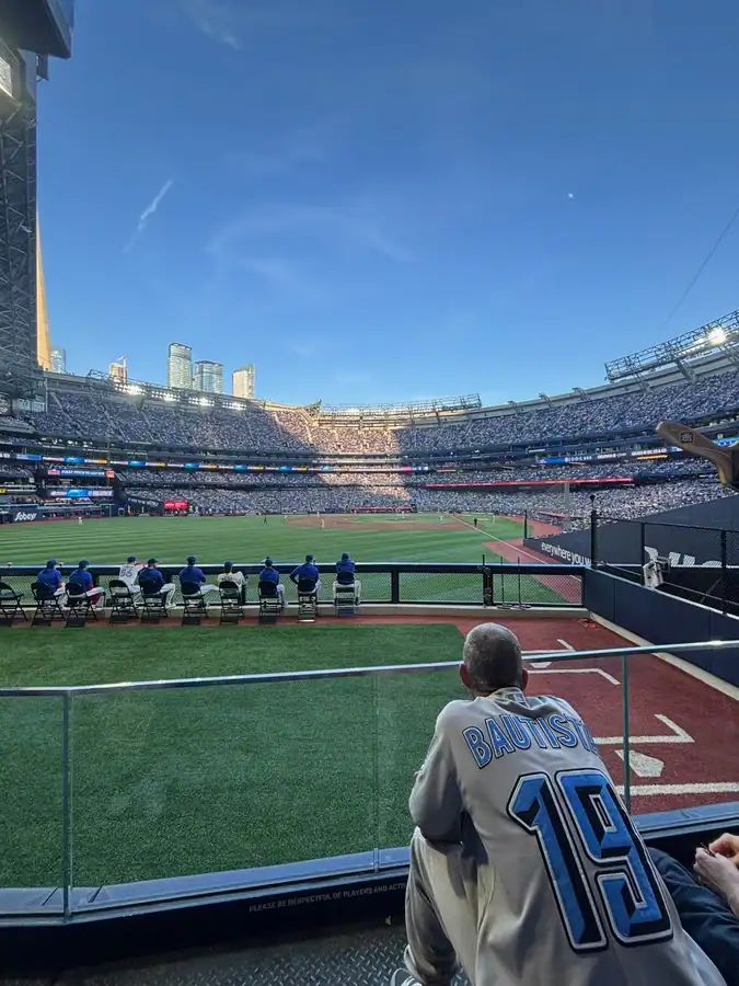 Seats overlooking the Blue Jays bullpen during a Blue Jays baseball game at Toronto's Rogers Centre.