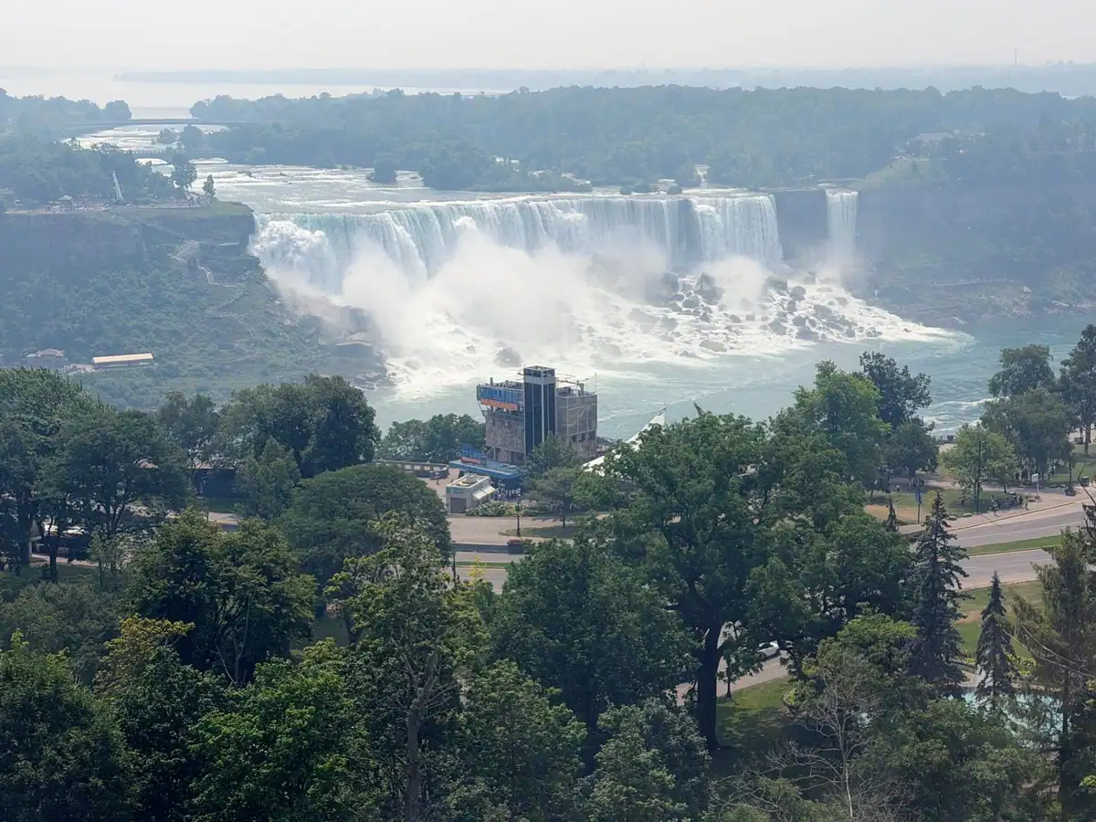 The American Falls are pictured from the top of the Niagara Falls SkyWheel on a hazy summer day.