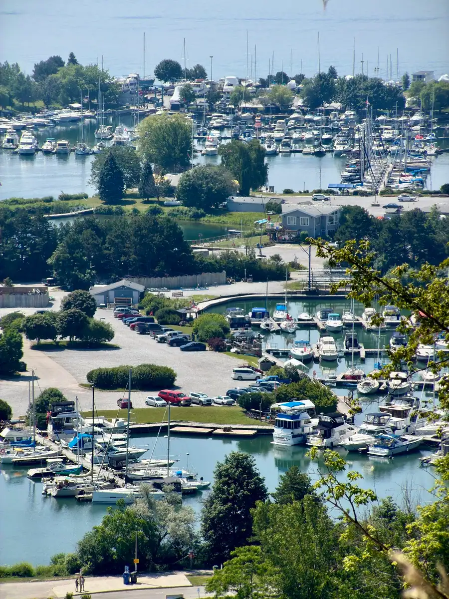 Boats and yachts docked at Bluffer's Park Marina below the Scarborough Bluffs.