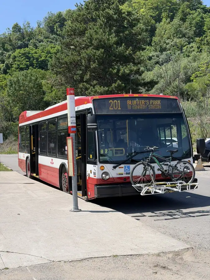 Seasonal public bus, the 201 Bluffer's Park to Kennedy Station TTC bus at Scarborough Bluffs Park and Beach in summer.